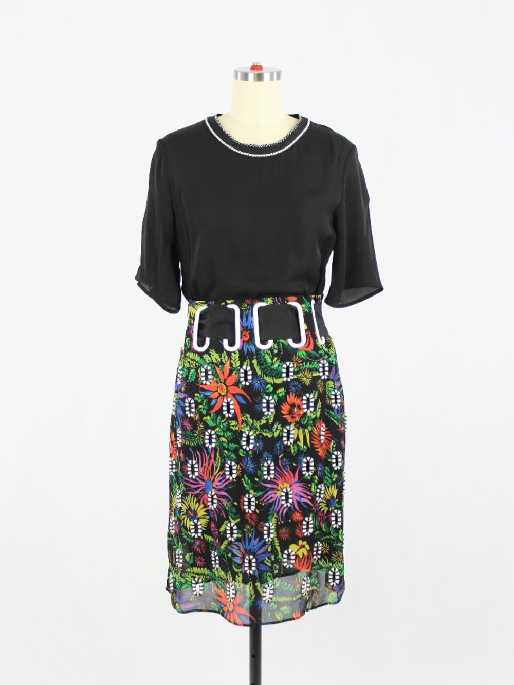 3.1 PHILLIP LIM Black 100% Silk T-Shirt Embroidered Floral Sheath Dress, Size 2